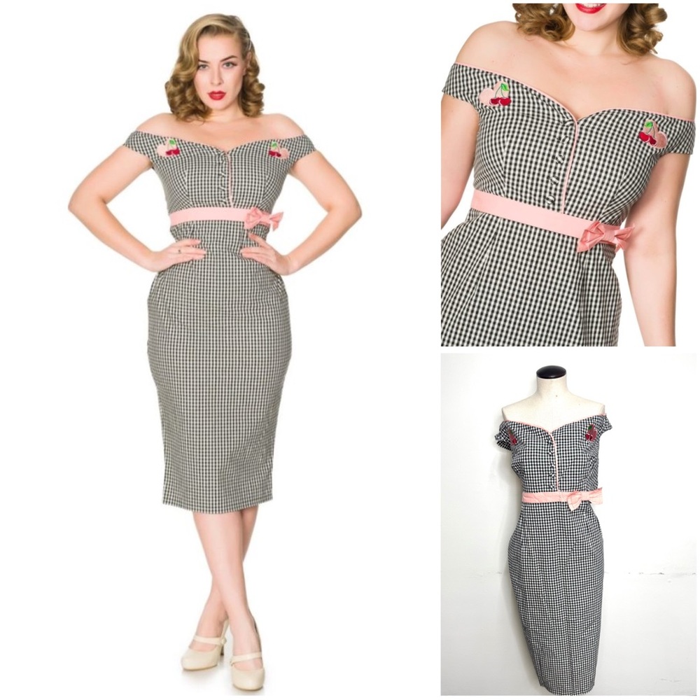 SHEEN Black and White Gingham Dress with Pink Trim Pinup Retro Glam Size 16